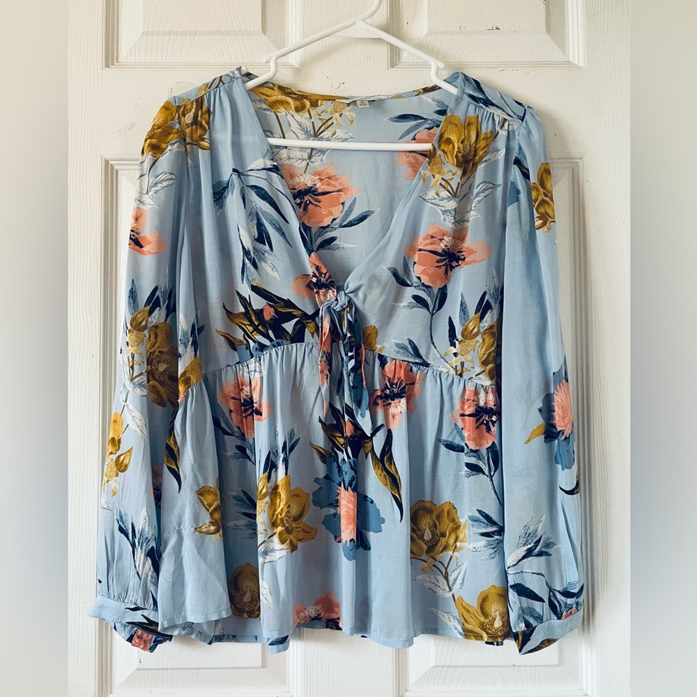 Lucky Brand Floral Print Long Sleeve Tie Chest V Neck Blouse Sz M